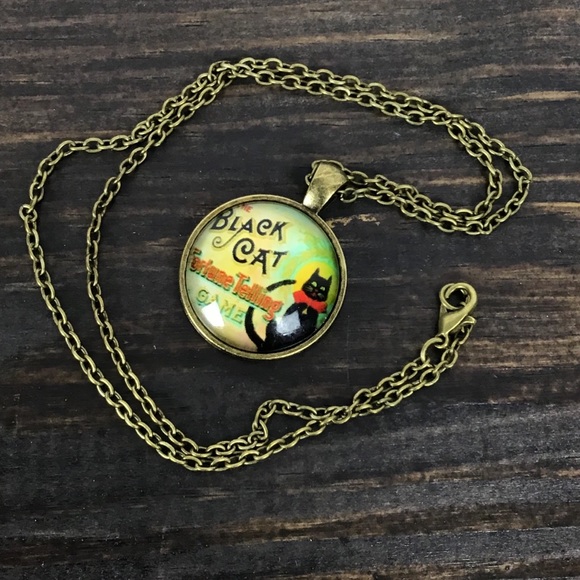 Black Cat Fortune Telling Game Necklace Cabochon - Picture 2 of 3